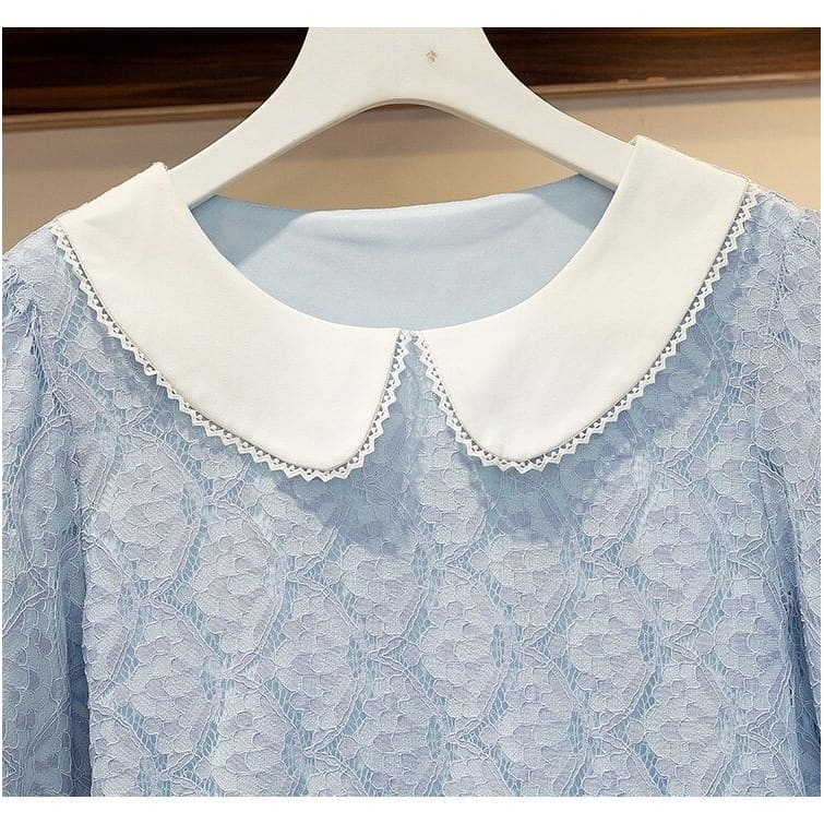 L-4XL Plus Size Blue/Green Hollow Out Lace Ruffle Sweet Dress