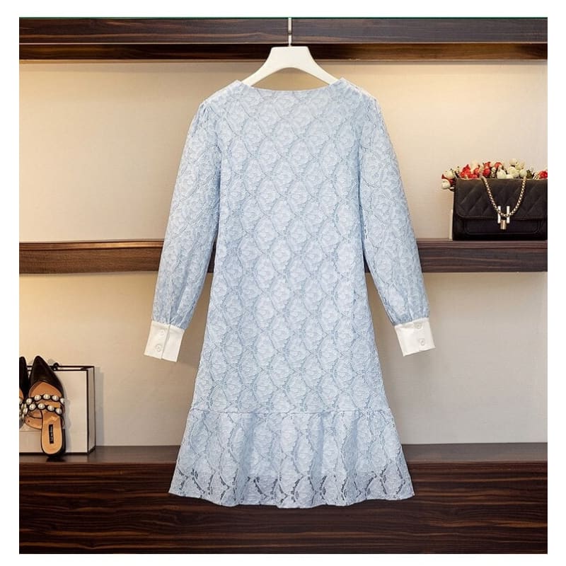 L-4XL Plus Size Blue/Green Hollow Out Lace Ruffle Sweet Dress