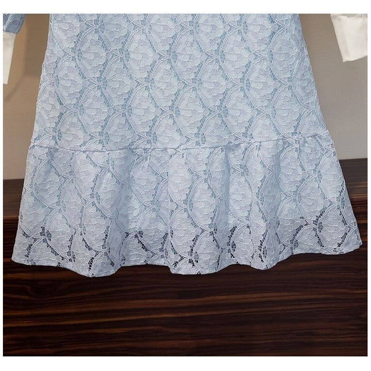 L-4XL Plus Size Blue/Green Hollow Out Lace Ruffle Sweet Dress