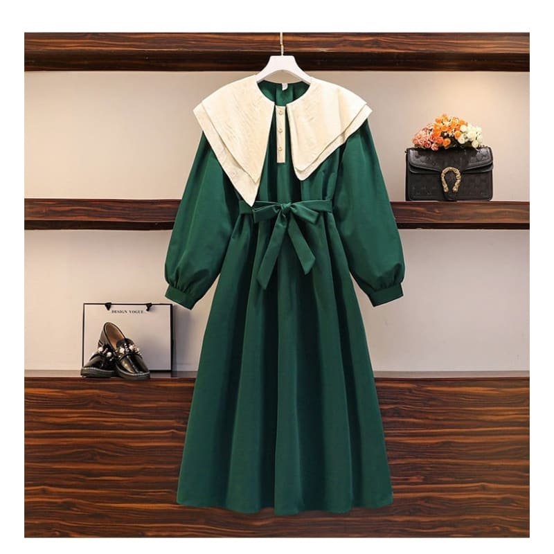 L-4XL Plus Size Green Black Double Collar Lantern Long Sleeve Dress