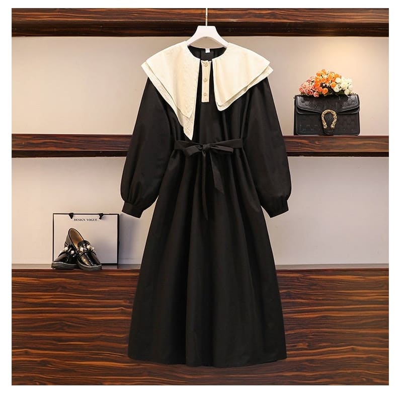 L-4XL Plus Size Green Black Double Collar Lantern Long Sleeve Dress