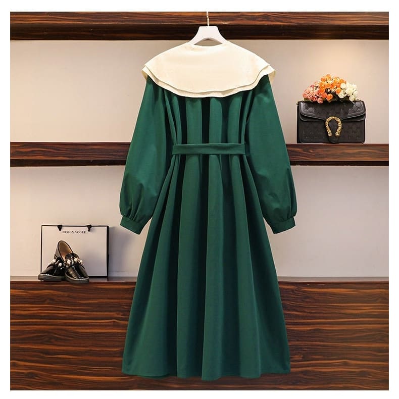 L-4XL Plus Size Green Black Double Collar Lantern Long Sleeve Dress