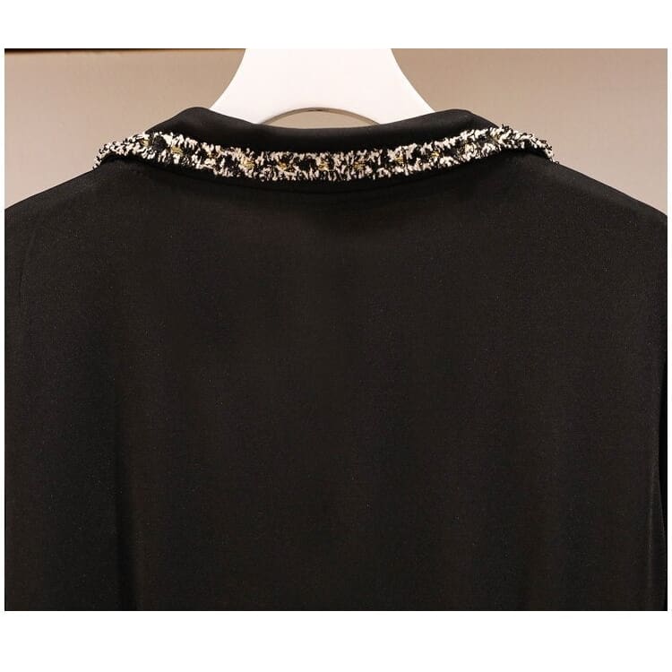 L-5XL Plus Size Vintage Long Sleeve Tweed Black Dress