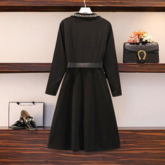 L-5XL Plus Size Vintage Long Sleeve Tweed Black Dress