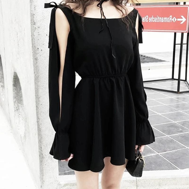 Lace Hollow Sleeve Black Dress EE0896