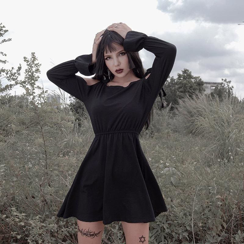 Lace Hollow Sleeve Black Dress EE0896