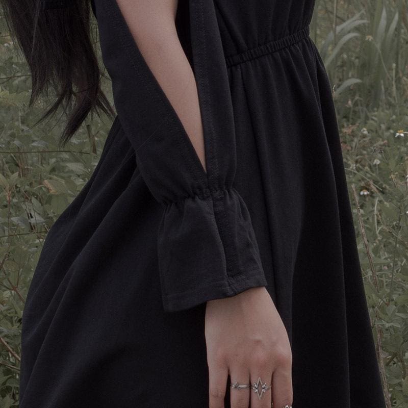 Lace Hollow Sleeve Black Dress EE0896