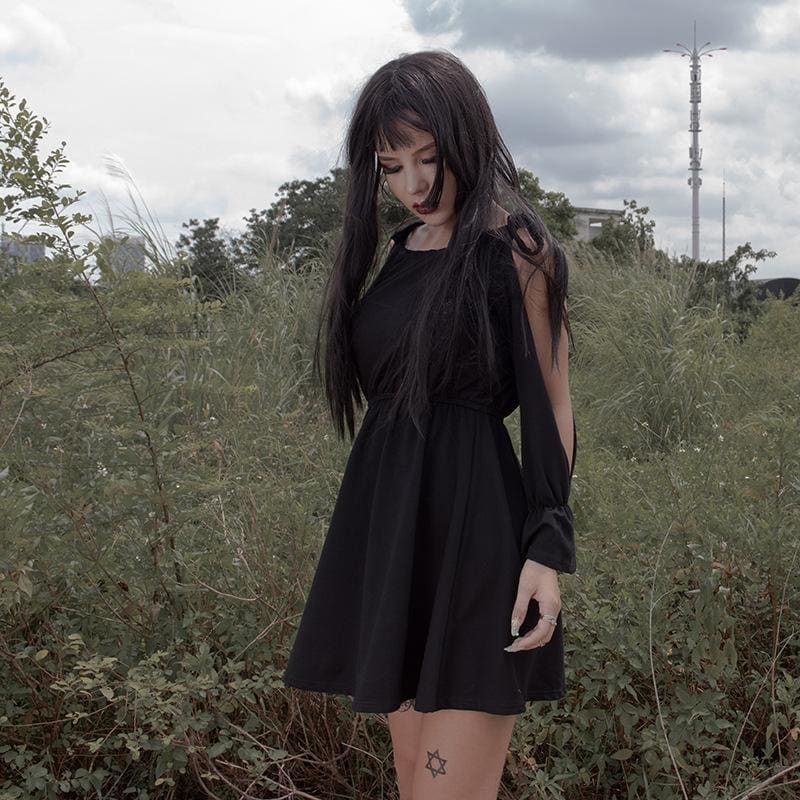 Lace Hollow Sleeve Black Dress EE0896