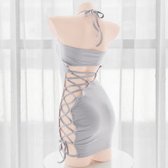 Lace up Side Hollow Out Gray Dress Lingerie SetO N90