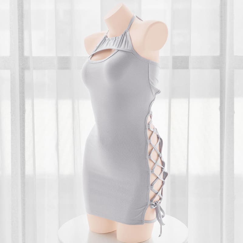 Lace up Side Hollow Out Gray Dress Lingerie SetO N90