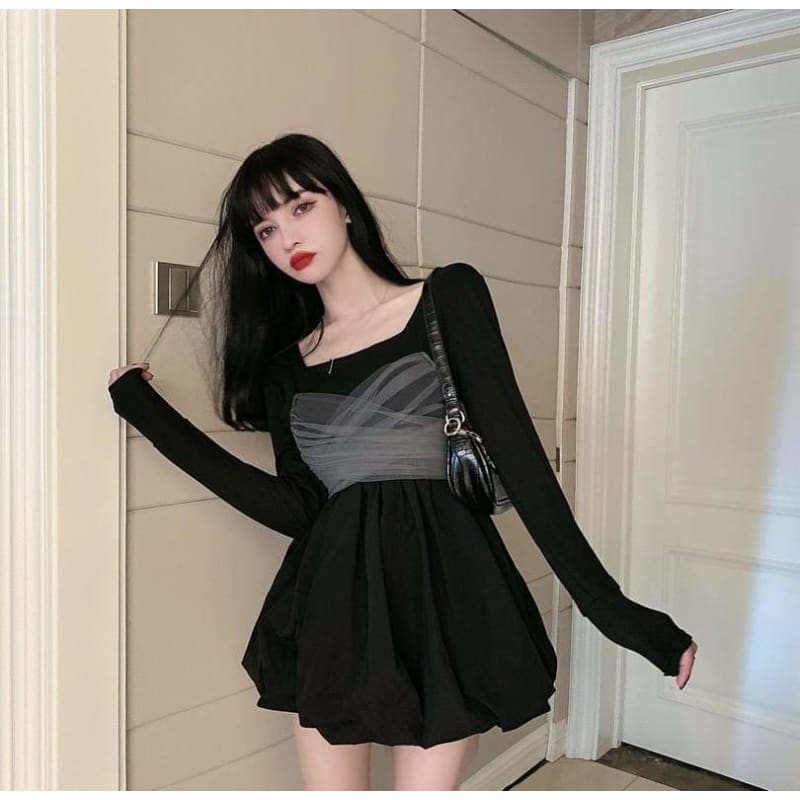 Long Sleeve Square Collar A-line Mini Dresses+Bow Mesk Bandage Sling Vest