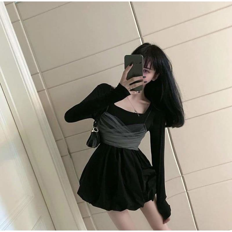 Long Sleeve Square Collar A-line Mini Dresses+Bow Mesk Bandage Sling Vest