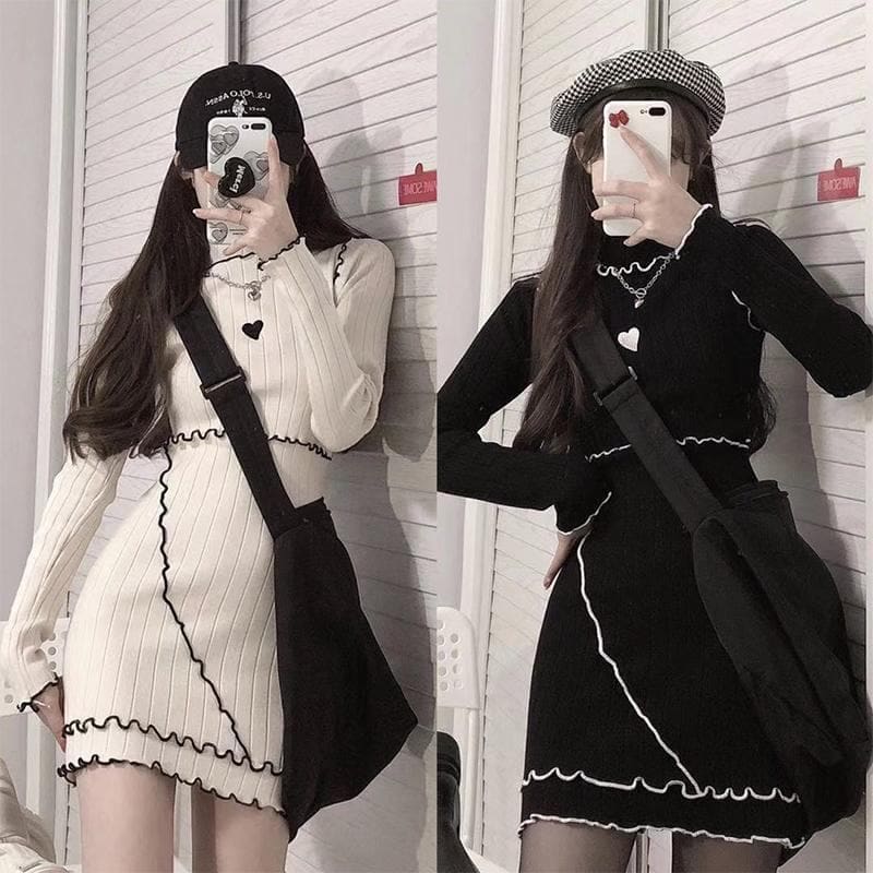 Love Heart Ruffle Knitted Slim Fit Dress