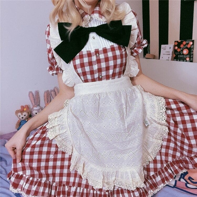 Lovely Sweet Maid Outfit Red White Grid Dress