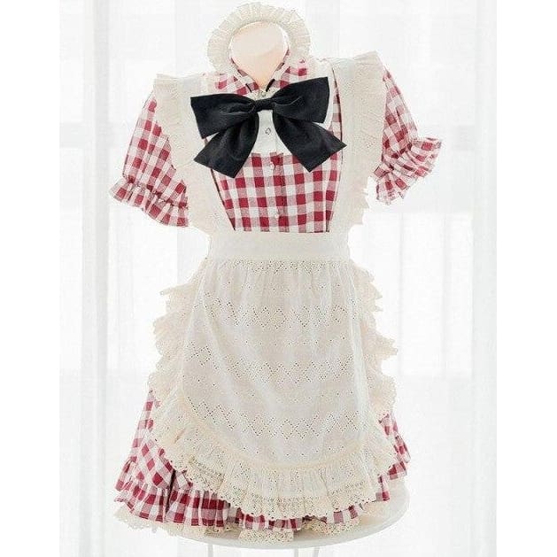 Lovely Sweet Maid Outfit Red White Grid Dress