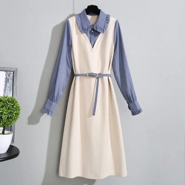 M-4XL Plus Size Fake Two-Piece Ruffled Mid-length Dress