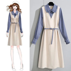 M-4XL Plus Size Fake Two-Piece Ruffled Mid-length Dress