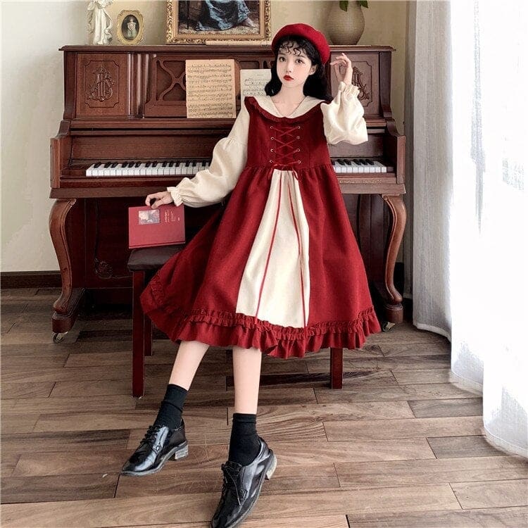M-4XL Plus Size Lolita Red Long Sleeve Sweet Puffy Dress