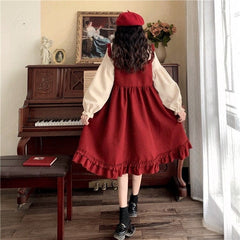M-4XL Plus Size Lolita Red Long Sleeve Sweet Puffy Dress