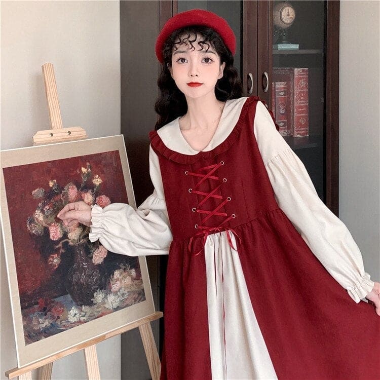 M-4XL Plus Size Lolita Red Long Sleeve Sweet Puffy Dress