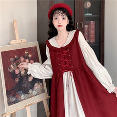 M-4XL Plus Size Lolita Red Long Sleeve Sweet Puffy Dress