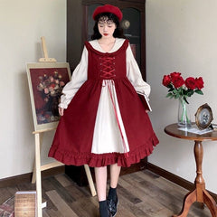 M-4XL Plus Size Lolita Red Long Sleeve Sweet Puffy Dress