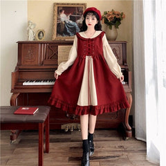 M-4XL Plus Size Lolita Red Long Sleeve Sweet Puffy Dress