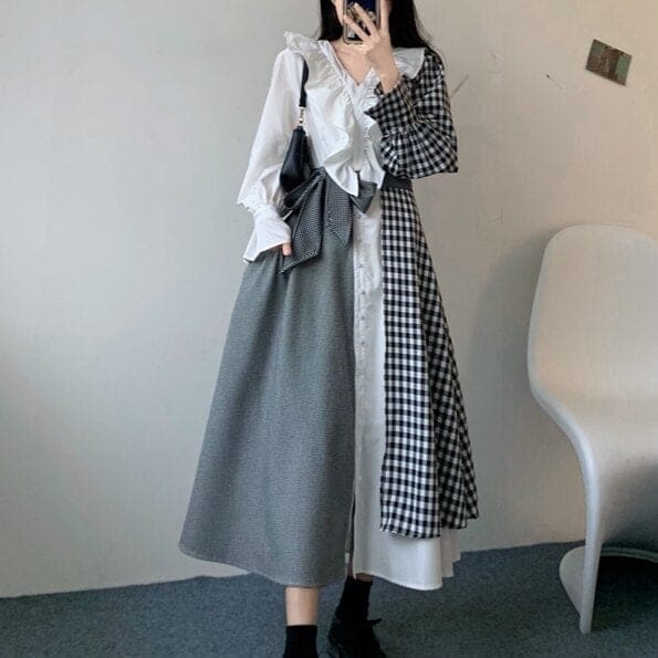 M-4XL Plus Size Plaid Long Sleeve Ruffles Irregular Dress