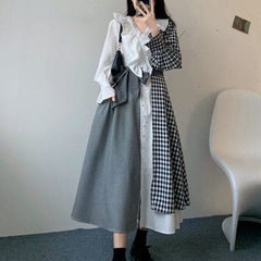 M-4XL Plus Size Plaid Long Sleeve Ruffles Irregular Dress