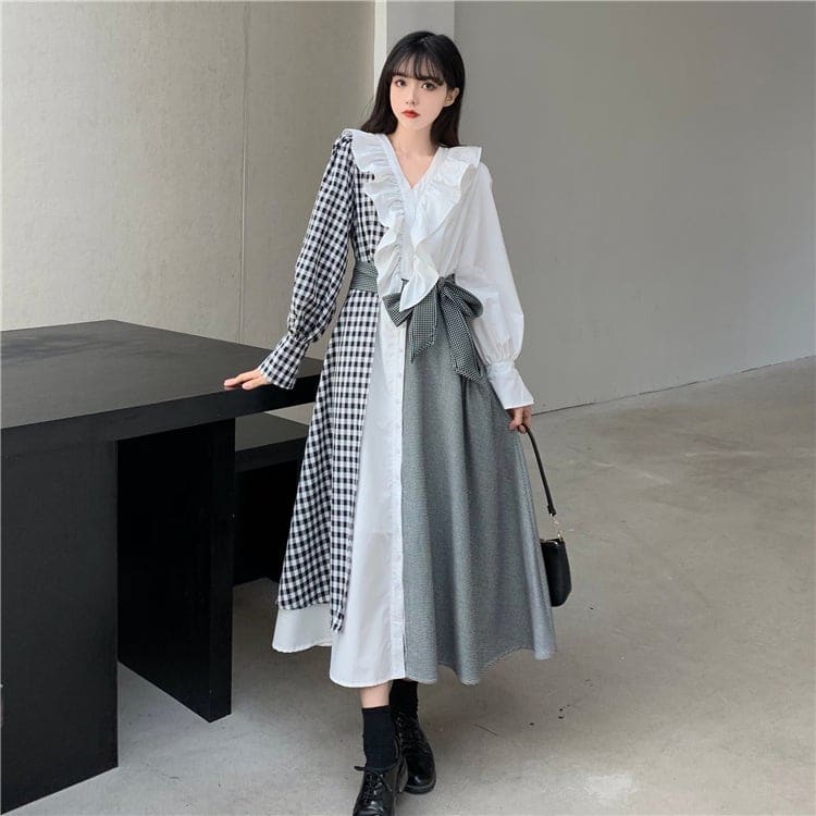 M-4XL Plus Size Plaid Long Sleeve Ruffles Irregular Dress