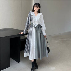 M-4XL Plus Size Plaid Long Sleeve Ruffles Irregular Dress