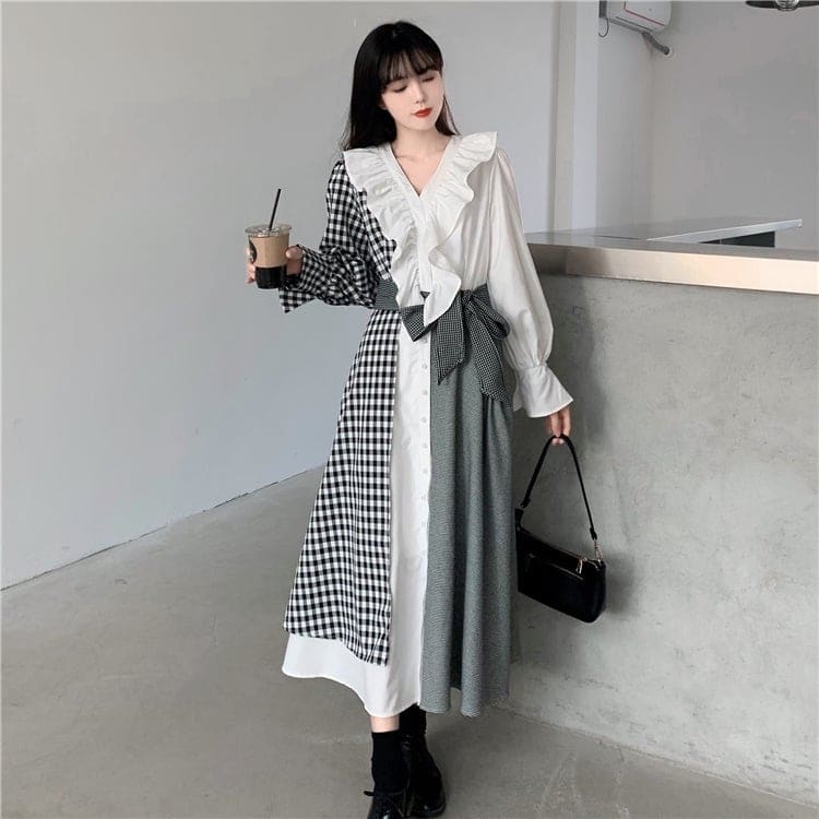 M-4XL Plus Size Plaid Long Sleeve Ruffles Irregular Dress