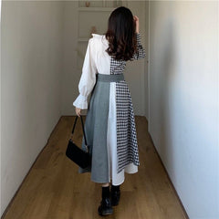 M-4XL Plus Size Plaid Long Sleeve Ruffles Irregular Dress
