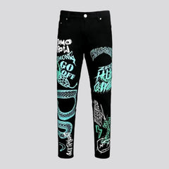 Mid waist graffiti snake design men's jeans