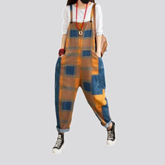 Mixed patterns stylish baggy women's denim bib