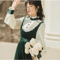 Palace Style Elegant Retro Cute Ruffled Stand-up Collar Green Dress