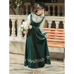 Palace Style Elegant Retro Cute Ruffled Stand-up Collar Green Dress