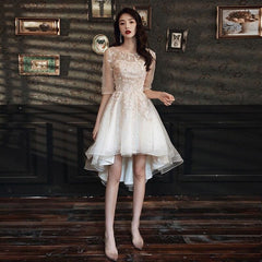 Party Dresses Elegant O-neck Appliques Short Front Long Back Prom Dresses