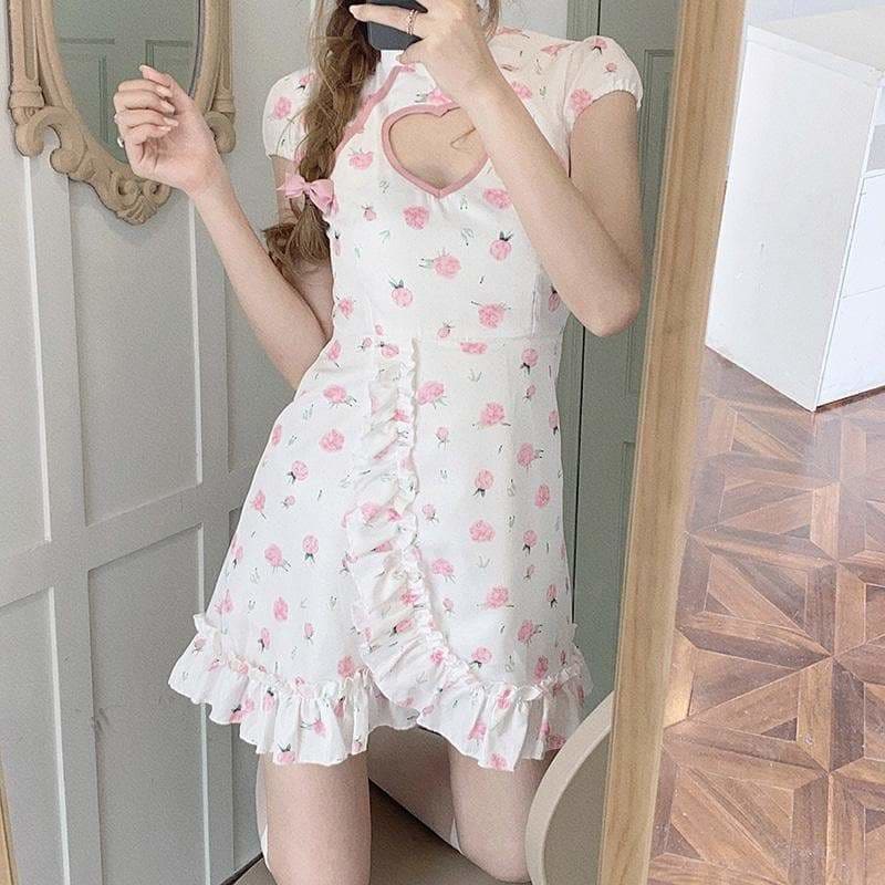 Pastel Roses and Fruit Summer Pink White Qipao Hollow Heart Dress