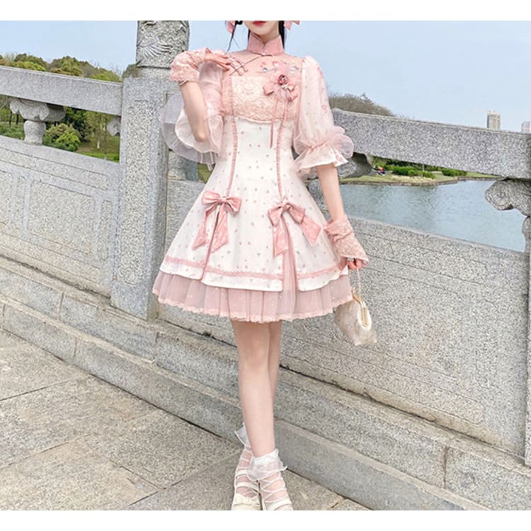 Peach Pink Qi Lolita Kawaii Embroidered Flowers Dress