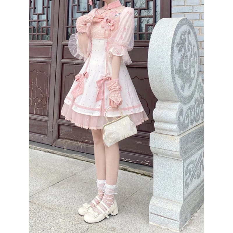 Peach Pink Qi Lolita Kawaii Embroidered Flowers Dress