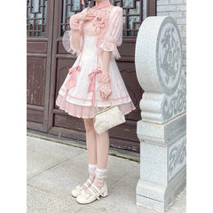 Peach Pink Qi Lolita Kawaii Embroidered Flowers Dress