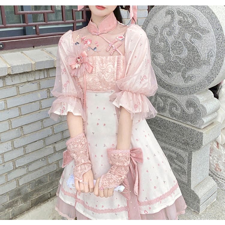 Peach Pink Qi Lolita Kawaii Embroidered Flowers Dress