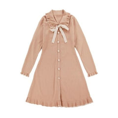 Pink/Beige Korean Elegant Princess Sweet Bow Knitted Dress