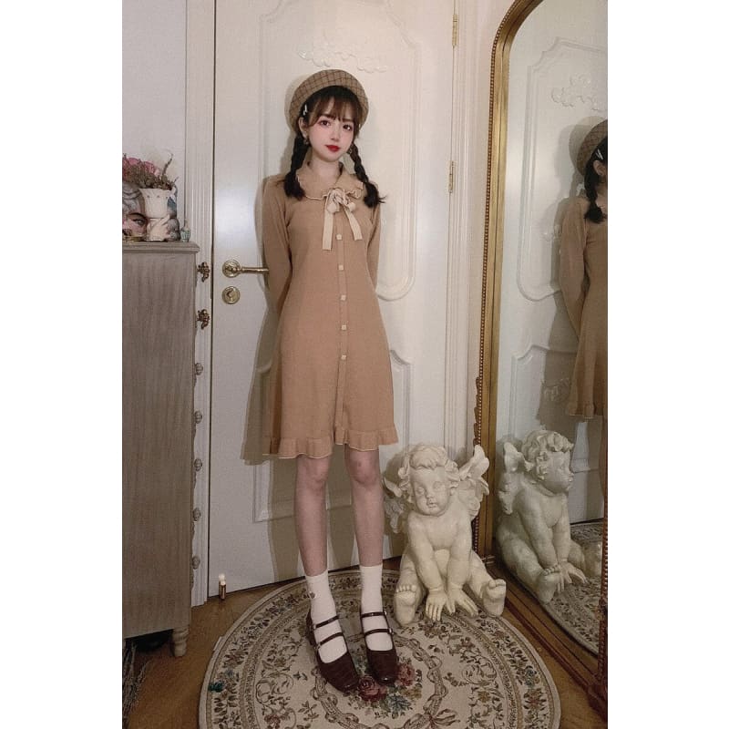 Pink/Beige Korean Elegant Princess Sweet Bow Knitted Dress