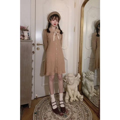 Pink/Beige Korean Elegant Princess Sweet Bow Knitted Dress