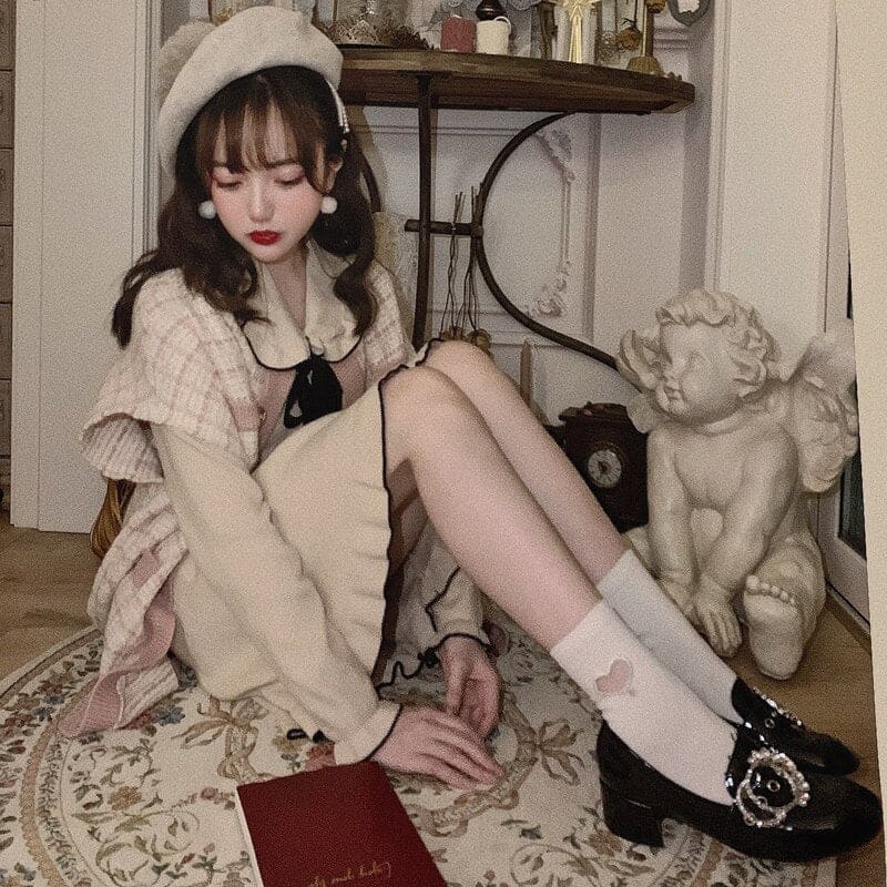 Pink/Beige Korean Elegant Princess Sweet Bow Knitted Dress