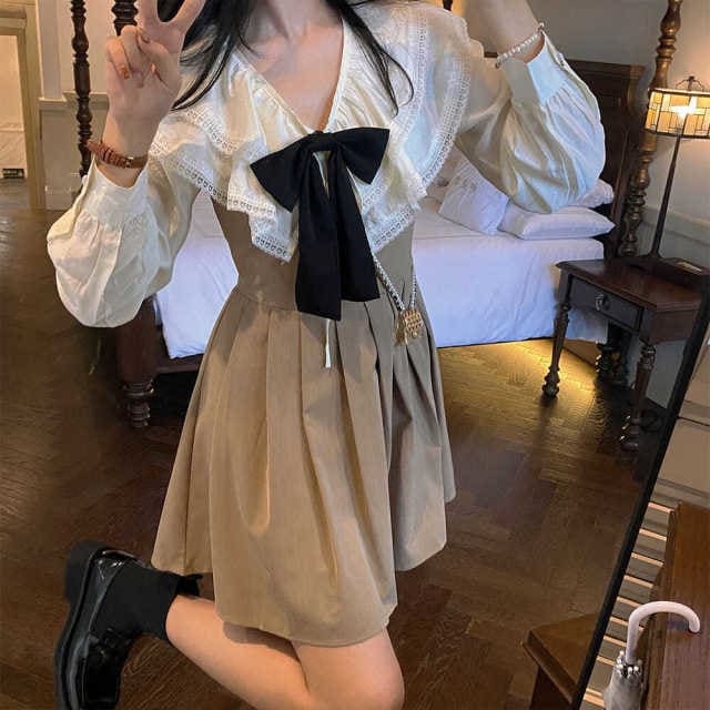 Preppy Style Kawaii Bow Lace Lovely Shirt Sweet Dress Set