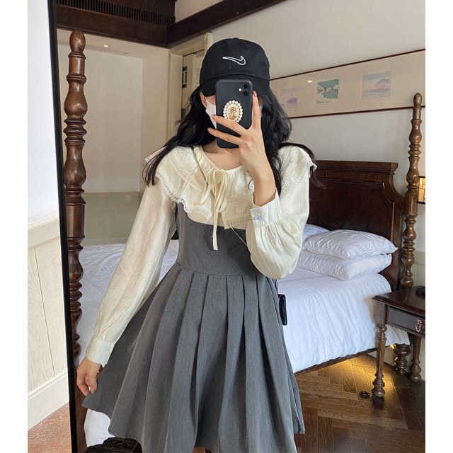 Preppy Style Kawaii Bow Lace Lovely Shirt Sweet Dress Set