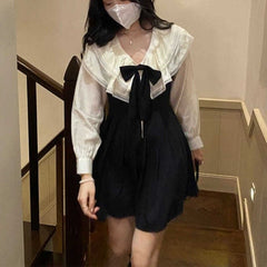 Preppy Style Kawaii Bow Lace Lovely Shirt Sweet Dress Set